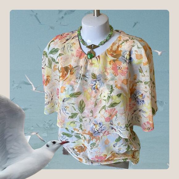 ZARA Floral Cape Blouse Top Womens Small Yellow Peach Short Sleeve Chiffon Sheer - Picture 2 of 13